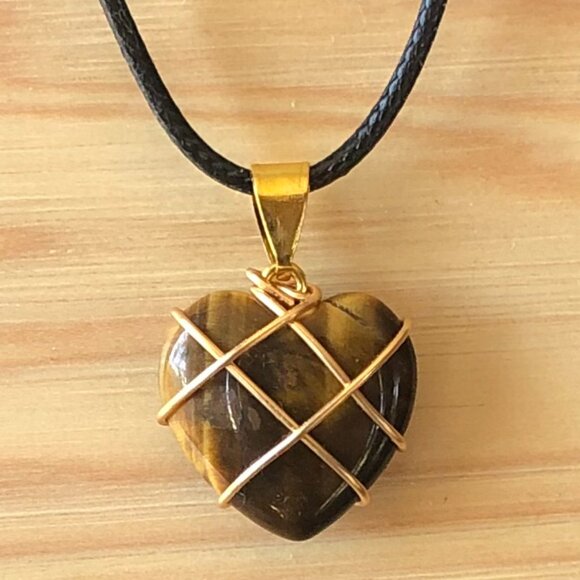 Jewelry - Tiger Eye Heart Natural Gemstone Gold Wire Winded Pendant Necklace